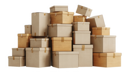 A tall stack of various sized cardboard boxes in a pyramid formation isolated on transparent background