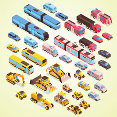 Isometric Style Various Detailed City Vehicle Transport Set Collection