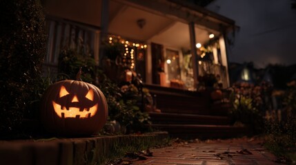 A halloween night scene with a decorated house.