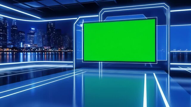 A blue virtual studio background with a green screen as a seamless loop. A futuristic set with a placeholder screen and a glowing city view. Ideal for a customizable broadcast or presentation.