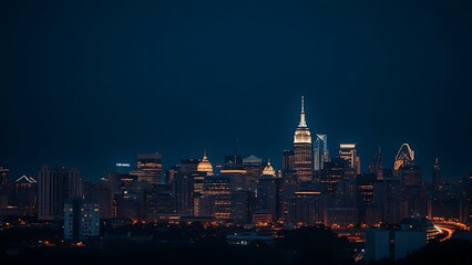 Fototapeta premium A city skyline illuminated at night with long exposure and deep blue tones.
