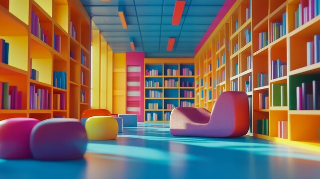 A vibrant and colorful library interior filled with books. Cozy seating areas invite readers to immerse themselves in literature. A perfect blend of creativity and learning. Generative AI