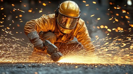 Industrial Worker Grinding Metal with Sparks