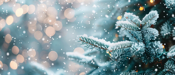 Karte für Weihnachten, weihnachtlicher Hintergrund mit Schneeflocken, winterlicher Hintergrund mit Tannenzweig und Schnee, Platz für Copytext	