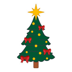 Festive Christmas Tree Decorated with Star and Bows Flat Illustration