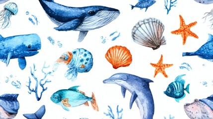 Naklejka premium A colorful watercolor illustration featuring various marine life including fish, whales, jellyfish, and seashells on a white background