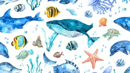 Obraz premium A vibrant underwater scene featuring various marine life including whales, dolphins, jellyfish, and seashells, illustrated in watercolor style