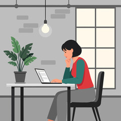 Flat illustration of a focused woman working on her laptop, embodying remote work and digital productivity in a modern office setting