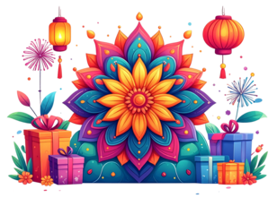 Cartoon Style Flower Rangoli with Festive Props Isolated on White