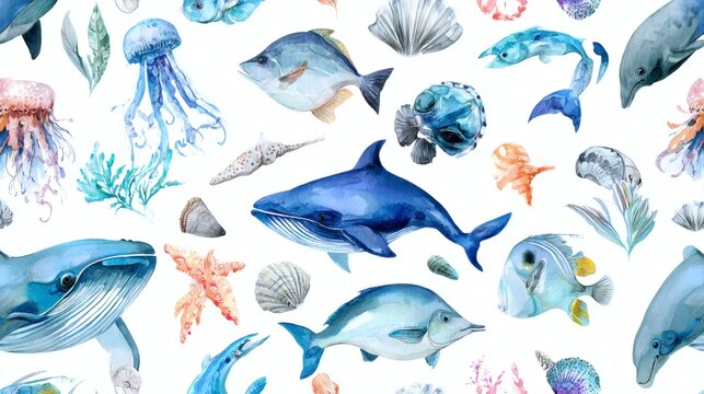 A vibrant underwater scene featuring various marine life including whales, dolphins, jellyfish, and seashells, illustrated in watercolor style