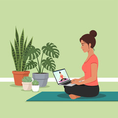 Woman practicing virtual yoga class at home on a laptop, surrounded by houseplants, depicted in a contemporary flat vector illustration style promoting wellness and healthy living