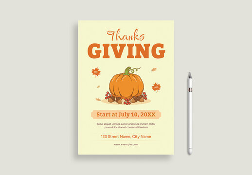 Minimal Thanksgiving Party Invitation Flyer with Pumpkin Illustration