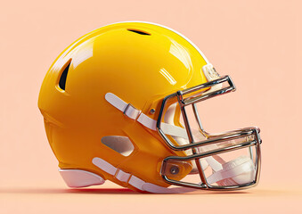 Fototapeta premium A bright yellow football helmet, angled, sits on a peach background. It features a shiny finish, a face mask of chrome-like metal, and white accents
