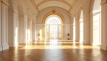 Obraz premium Old European abbey interior with arches, columns, and a gallery lit by a religious light