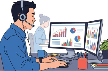 Business Professional Analyzing Financial Data on Dual Monitors, Working at Desk with Headset