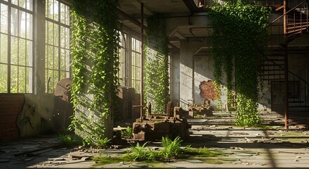 Fototapeta premium Abandoned Factory Overgrown with Vines Sunlight Streams Through Windows.