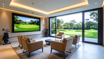 Fototapeta premium Luxury Home Theater Golf View Modern interior design with comfort, and leisure.