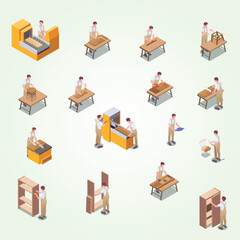 Isometric Cartoon Carpenter Character Manufacturing Furniture Process Detailed Scenes Illustration