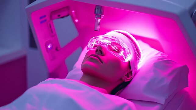 A woman relaxes during a rejuvenating light therapy session. Modern technology enhances beauty and wellness. Experience the soothing effects of light on skin health. Generative AI - Powered by Adobe