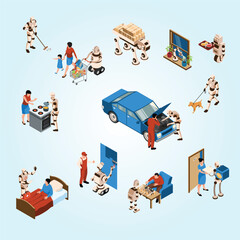Fototapeta premium Isometric Robot Assistant Helping Human with Various Daily Activities Set