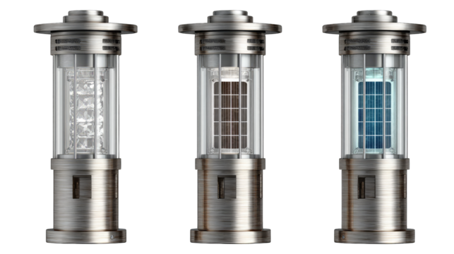Three cylindrical, metallic outdoor light posts with varying inner light