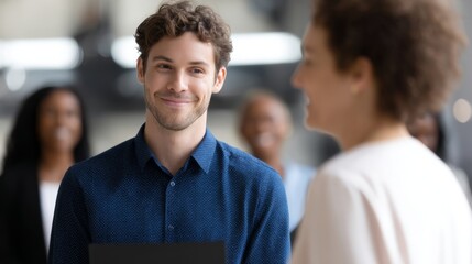 A young man smiles confidently while holding a portfolio. He is engaging with a professional woman in a bright setting. This image captures a moment of connection and professionalism. AI