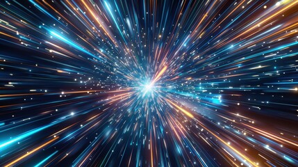 Abstract hyperspace jump with blue and orange light streaks radiating from a central point