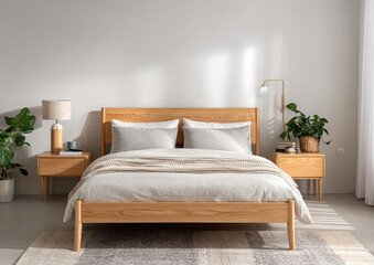 Light-filled bedroom with a natural wooden bed