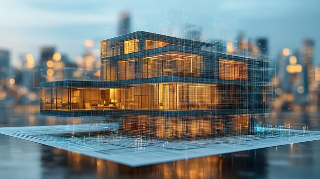 Modern Architectural Design:  Digital 3D Model of a Luxurious House Overlaying Blueprint, Cityscape Background