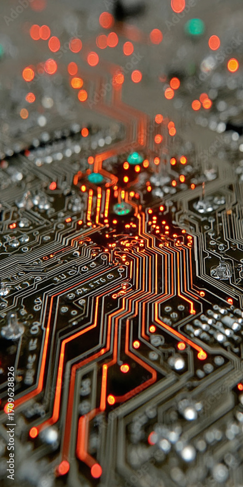 Poster glowing orange traces on an advanced circuit board, symbolizing the energetic pulse of digital infor