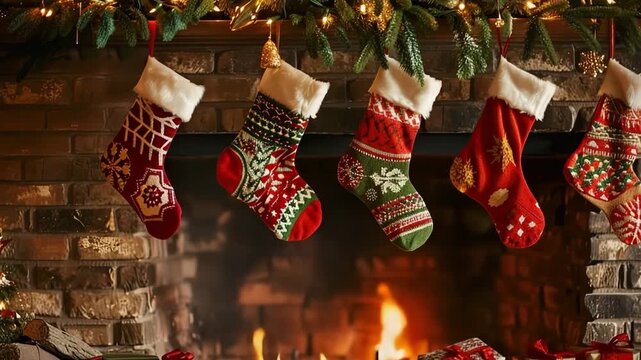 Christmas greeting card with bright winter holiday socks and New Year background
