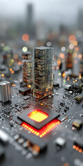 Conceptual illustration of a futuristic city built on a computer chip. Technology and urban design