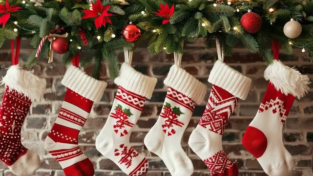 Christmas greeting card with bright winter holiday socks and New Year background