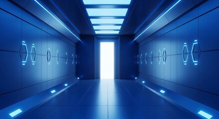 Futuristic Corridor with Blue Neon Lighting and Equations.