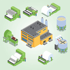 Isometric Detailed Paper Mill Production Process Factory Illustration