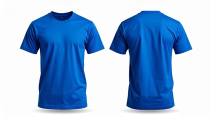 Blue t shirt front and back view, isolated on white background. Ready for your mock up design template.
