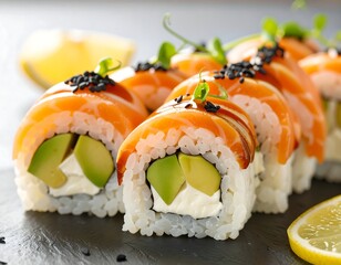 Fresh sushi rolls with avocado and cream cheese