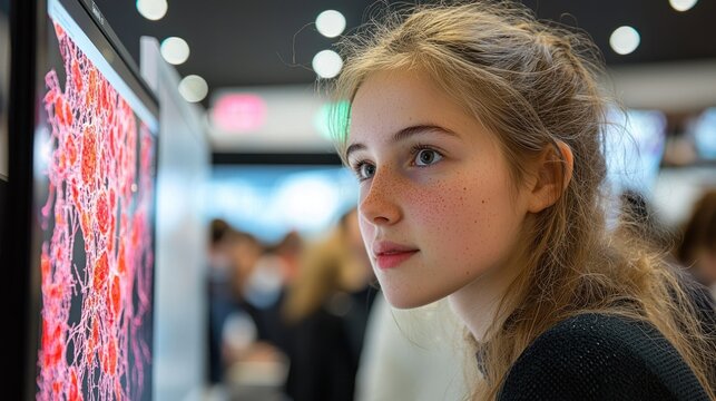 Young Woman Examining Microscopic Cell Structure on Display - Powered by Adobe