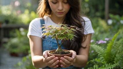 Woman holding a delicate bonsai tree with care in a lush, green, sun-drenched garden