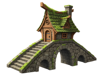 A quaint, moss-covered wooden cottage sits atop a stone bridge with arched openings, showcasing detailed textures and vibrant colors.