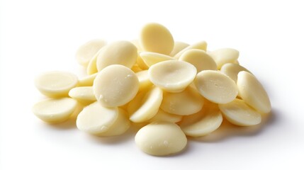 Fototapeta premium A pile of white chocolate wafers sits gracefully on a plain background. They have a smooth surface and rounded shape. Ideal for baking and decorating desserts. AI