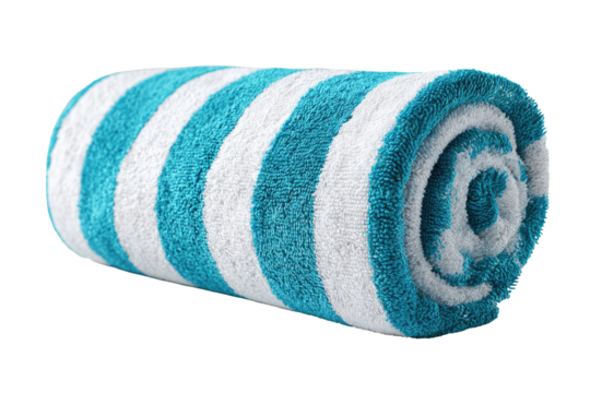 Rolled teal and white striped beach towel