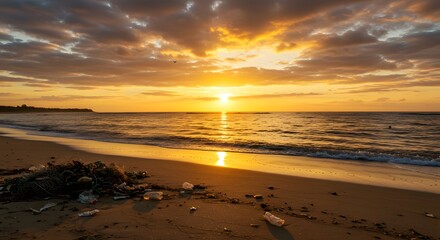 Plastic pollution and trash littering a sandy beach during a beautiful and dramatic golden sunset, highlighting environmental issues