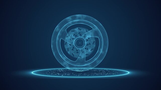 motorcycle tyre wheel in HUD scan effect motion animation on dark blue screen for tire detecting problem solution