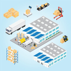 Isometric Logistics Industry Scene with Warehouse, Trucks, and Forklifts Illustration