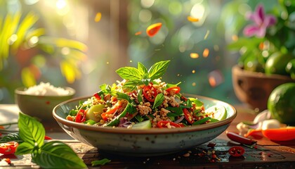 Vibrant salad bowl filled with fresh ingredients, bathed in sunlight, showcasing a delectable mix of textures and colors.