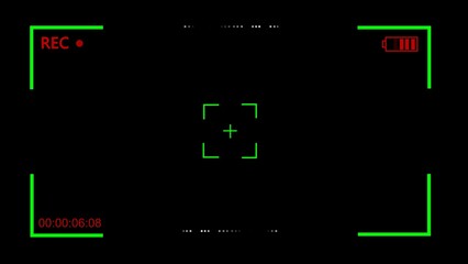 Black screen with green camera viewfinder overlay red R E C indicator and battery icon recording low battery
