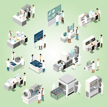 Isometric Detailed Illustration Scientist Experimentation in Advanced Research Laboratory Setting