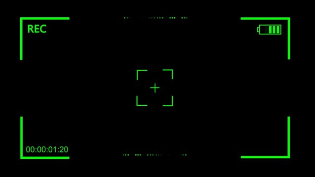 Green camera viewfinder overlay with R E C indicator battery level and timer recording