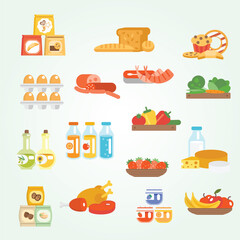 Flat Style Fresh Food Collection Icon Illustration For Grocery Design